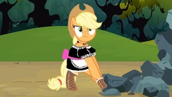 Size: 1280x720 | Tagged: safe, artist:johnjoseco, edit, edited screencap, screencap, applejack, earth pony, pony, g4, spike at your service, adventure in the comments, bipedal, bow, choker, clothes, collar, cowboy hat, dress, female, fishnet stockings, hat, maid, maidjack, mare, thread