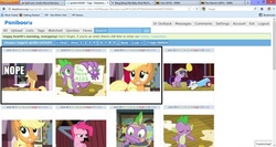 Size: 1366x728 | Tagged: safe, applejack, pinkie pie, rarity, spike, twilight sparkle, derpibooru, g4, my little pony: friendship is magic, spike at your service, aids, animal costume, bee costume, clothes, costume, disguise, exploitable meme, facial hair, firefox, hiv, imdb, juxtaposition, juxtaposition win, meme, meta, microsoft windows, moustache, mustache pinkie pie, ponibooru, spike card meme, spill.com, tab humor, wikipedia, windows 8