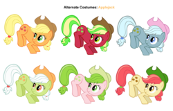 Size: 3600x2300 | Tagged: safe, artist:gurugrendo, artist:pika-robo, apple bumpkin, applejack, applejack (g3), crimson gala, granny smith, red gala, earth pony, pony, g1, g3, g4, alternate clothes, apple family member, bucking, female, g1 to g4, g3 to g4, generation leap, mare, palette swap, recolor, simple background, transparent background, vector