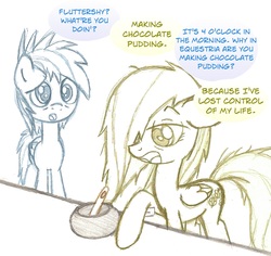 Size: 1156x1089 | Tagged: safe, artist:boulderthedragon, fluttershy, rainbow dash, g4, chocolate pudding, lost control of my life, making chocolate pudding, meme, messy mane, rugrats