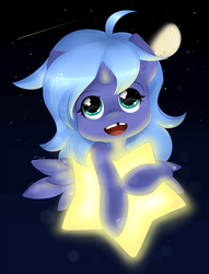 Size: 782x1025 | Tagged: safe, artist:secret-pony, princess luna, alicorn, pony, g4, ahoge, cute, female, filly, looking at you, looking up, looking up at you, moon, night, open mouth, sky, smiling, solo, stars, tangible heavenly object, tooth gap, woona, younger