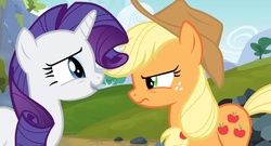 Size: 1600x864 | Tagged: safe, screencap, applejack, rarity, earth pony, pony, unicorn, g4, spike at your service, female, mare