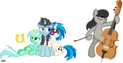 Size: 2707x1396 | Tagged: safe, artist:serenamidori, dj pon-3, lyra heartstrings, neon lights, octavia melody, rising star, vinyl scratch, earth pony, pony, unicorn, g4, bipedal, cello, female, floppy ears, harem, lyralights, male, mare, musical instrument, neon lights gets all the mares, ship:vinylights, shipping, simple background, stallion, straight, transparent background