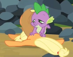 Size: 454x355 | Tagged: safe, screencap, applejack, spike, dragon, earth pony, pony, g4, spike at your service, butt, butt touch, female, hand on butt, male, mare, out of context, plot
