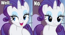 Size: 931x503 | Tagged: safe, edit, edited screencap, screencap, rarity, pony, g4, spike at your service, carousel boutique, reaction image, solo