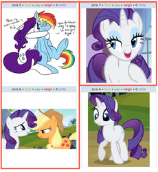 Size: 530x577 | Tagged: safe, applejack, rainbow dash, rarity, g4, exploitable meme, juxtaposition, juxtaposition win, meta