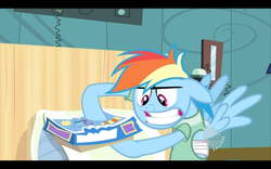 Size: 850x531 | Tagged: safe, screencap, rainbow dash, pegasus, pony, read it and weep, battlecloud, board game, faic, floppy ears, gritted teeth, hospital gown, unibrow
