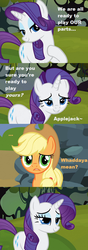 Size: 502x1427 | Tagged: safe, edit, screencap, applejack, rarity, earth pony, pony, g4, spike at your service, caption, damsel in distress, female, implying, lesbian, lidded eyes, mare, out of context, ship:rarijack, shipping