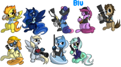 Size: 900x500 | Tagged: safe, artist:d3rpy, berry punch, berryshine, bon bon, carrot top, derpy hooves, doctor whooves, golden harvest, lyra heartstrings, princess luna, spitfire, sweetie drops, time turner, trixie, pegasus, pony, g4, crossover, demoman, demoman (tf2), engineer, engineer (tf2), female, gun, mare, parody, scout (tf2), simple background, team fortress 2, transparent background, weapon