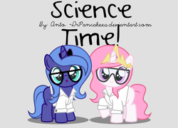 Size: 5291x3817 | Tagged: safe, artist:drpancakees, princess celestia, princess luna, pony, g4, :o, absurd resolution, cewestia, clothes, cute, cutelestia, dressup, filly, glasses, lab coat, lunabetes, pink-mane celestia, s1 luna, safety goggles, science, science woona, scientist, this will end in science, weapons-grade cute, woona