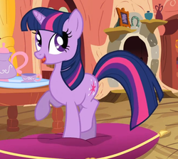 Size: 740x664 | Tagged: safe, screencap, twilight sparkle, pony, unicorn, g4, season 3, spike at your service, book, cropped, cup, female, golden oaks library, happy, library, mare, pillow, solo, teacup, teapot, unicorn twilight