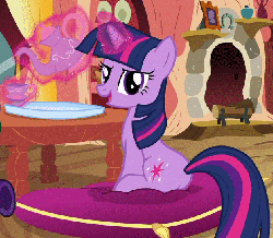 Size: 629x550 | Tagged: safe, screencap, twilight sparkle, pony, unicorn, g4, spike at your service, animated, butt, cup, female, fireplace, glare, golden oaks library, grin, levitation, log, looking at you, magic, mare, pillow, plot, pouring, sitting, smiling, smirk, solo, table, talking, tea, teacup, teapot, telekinesis, unicorn twilight, wood