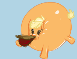 Size: 369x287 | Tagged: artist needed, safe, applejack, earth pony, pony, g4, air inflation, appleblimp, babyjack, bellows, blue background, female, foal, inflation, reverse psychology, simple background, solo