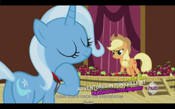 Size: 1024x640 | Tagged: safe, screencap, applejack, trixie, earth pony, pony, unicorn, g4, magic duel, my little pony: friendship is magic, butt, female, mare, plot, youtube caption