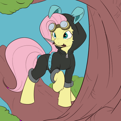 Size: 500x500 | Tagged: safe, artist:jalm, artist:tytan, color edit, fluttershy, pegasus, pony, g4, bunny ears, clothes, dangerous mission outfit, female, fluffy, goggles, hoodie, knife, mare, solo, tree, tree branch