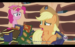 Size: 1024x640 | Tagged: safe, screencap, applejack, pinkie pie, g4, magic duel, no mouth, youtube caption