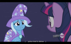 Size: 1024x640 | Tagged: safe, screencap, trixie, twilight sparkle, unicorn, g4, magic duel, my little pony: friendship is magic, cape, clothes, duo, hat, horn, remorse, trixie's cape, trixie's hat, youtube caption