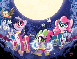 Size: 981x756 | Tagged: safe, artist:tony fleecs, idw, official comic, pinkie pie, spike, twilight sparkle, bird, dragon, earth pony, owl, pony, unicorn, g4, official, clean, comic, costume, cover, cover art, female, male, mare