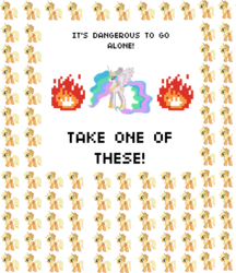 Size: 3408x3944 | Tagged: safe, applejack, princess celestia, g4, celestia's selections, desktop ponies, it's dangerous to go alone, jackletree, multeity, pixel art, reference, take this, the legend of zelda