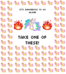 Size: 3536x3944 | Tagged: safe, fluttershy, princess celestia, g4, celestia's selections, desktop ponies, it's dangerous to go alone, multeity, pixel art, reference, so much flutter, take this, the legend of zelda