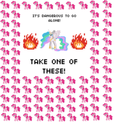 Size: 3656x3992 | Tagged: safe, pinkie pie, princess celestia, earth pony, pony, g4, celestia's selections, clone, desktop ponies, female, it's dangerous to go alone, mare, multeity, pinkie clone, pixel art, take this, the legend of zelda, too much pink energy is dangerous