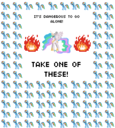 Size: 3536x3944 | Tagged: safe, princess celestia, rainbow dash, g4, celestia's selections, dashstorm, desktop ponies, it's dangerous to go alone, multeity, pixel art, take this, the legend of zelda