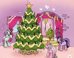 Size: 680x530 | Tagged: safe, kimono, minty, pinkie pie, pony, g3, g4, official, bipedal, christmas, christmas tree, looking up, open mouth, smiling, tree