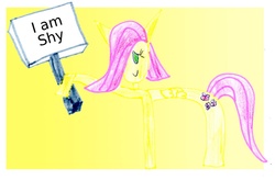 Size: 900x590 | Tagged: safe, artist:zigaudrey, fluttershy, pegasus, pony, g4, 1000 hours in ms paint, ambiguous facial structure, female, folded wings, hair over one eye, hoof hold, mare, marker drawing, no pupils, raised hoof, sign, smiling, solo, standing, traditional art, wings