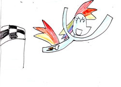 Size: 900x644 | Tagged: safe, artist:zigaudrey, rainbow dash, g4, ^^, black outlines, eyes closed, finish line, hooves in air, simple background, solo, traditional art, white background