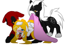 Size: 640x400 | Tagged: safe, artist:thamutt, oc, oc only, oc:domino, oc:frolic, blank flank, blanket, blushing, deadpool, deadpool is best pony, freckles, sick