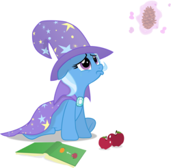 Size: 7031x6897 | Tagged: safe, artist:regolithx, trixie, g4, too many pinkie pies, absurd resolution, apple, book, crying, cute, diatrixes, floppy ears, food, levitation, looking up, magic, pinecone, pouting, sad, simple background, telekinesis, transparent background, vector