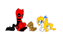 Size: 1920x1080 | Tagged: safe, artist:redflamekitty44, oc, oc:frolic, blank flank, deadpool, deadpool is best pony, freckles, ponified, teddy bear