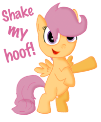 Size: 766x925 | Tagged: safe, artist:ajmstudios, scootaloo, pony, g4, bipedal, cute, female, hooves, looking at you, meme, shake my hoof, simple background, smiling, solo, standing, transparent background