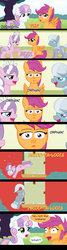 Size: 785x2932 | Tagged: safe, artist:taco-bandit, diamond tiara, scootaloo, silver spoon, sweetie belle, g4, black dynamite, comic, defenestration, glasses