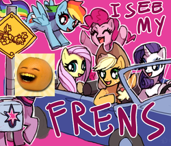 Size: 640x546 | Tagged: artist needed, safe, artist:emlan, edit, applejack, fluttershy, pinkie pie, rainbow dash, rarity, twilight sparkle, earth pony, pegasus, pony, unicorn, g4, 1000 hours in ms paint, annoying orange, applejack's hat, bag, car, cowboy hat, female, flying, friday, hat, horn, mane six, mare, obvious troll, open mouth, open smile, raised hoof, rebecca black, saddle bag, smiling, spread wings, wings