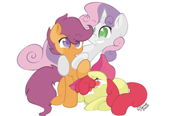 Size: 5000x3344 | Tagged: safe, artist:llamaswithkatanas, apple bloom, scootaloo, sweetie belle, earth pony, pegasus, pony, unicorn, g4, apple bloom's bow, blank flank, bow, cuddling, cutie mark crusaders, female, filly, foal, hair bow, hug, signature, simple background, trio, white background