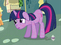 Size: 512x384 | Tagged: safe, screencap, applejack, fluttershy, pinkie pie, rainbow dash, rarity, spike, trixie, twilight sparkle, g4, magic duel, animated, bouncing, levitation, magic, mane seven, mane six, no mouth, no nose, running, scared, telekinesis, throwing, wrong aspect ratio