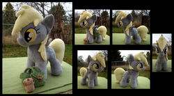 Size: 1857x1025 | Tagged: safe, artist:fireflytwinkletoes, derpy hooves, pegasus, pony, g4, female, filly, irl, muffin, outdoors, photo, plushie, solo, spread wings, wings