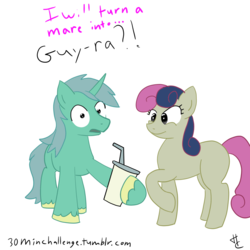 Size: 1280x1280 | Tagged: artist needed, safe, bon bon, lyra heartstrings, sweetie drops, earth pony, pony, unicorn, g4, magic duel, 30 minute art challenge, bon bon is amused, drink, duo, guyra, rule 63, shrunken pupils, simple background, transformation, transparent background, unshorn fetlocks