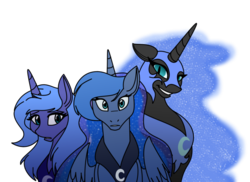 Size: 900x655 | Tagged: dead source, safe, artist:100yearslater, nightmare moon, princess luna, alicorn, pony, g4, ethereal mane, lunar trinity, s1 luna, self ponidox, simple background, starry mane, transparent background, triality