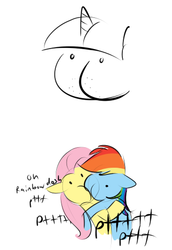 Size: 336x489 | Tagged: safe, artist:furseiseki, fluttershy, rainbow dash, twilight sparkle, pony, g4, buttface, dialogue, fart, fart noise, female, kissing, lesbian, mutant, onomatopoeia, ship:flutterdash, shipping, simple background, sound effects, wat, what has science done, white background