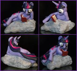 Size: 5032x4696 | Tagged: safe, artist:madponyscientist, twilight sparkle, pony, g4, absurd resolution, book, customized toy, irl, photo, rock, sculpture, solo