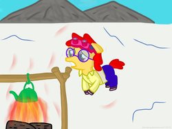 Size: 900x675 | Tagged: safe, artist:dabestpony, arnold perlstein, fire, glasses, kettle, magic school bus, ponified, snow, traditional art
