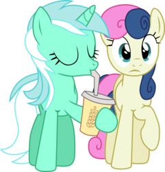 Size: 6025x6240 | Tagged: safe, artist:comradesparkle, bon bon, lyra heartstrings, sweetie drops, earth pony, pony, unicorn, g4, magic duel, absurd resolution, cup, duo, female, mare, oat smoothie, simple background, smoothie, straw, transparent background, vector