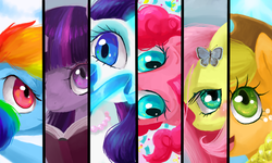 Size: 1000x600 | Tagged: safe, artist:piscimancy, applejack, fluttershy, pinkie pie, rainbow dash, rarity, twilight sparkle, butterfly, g4, confetti, mane six