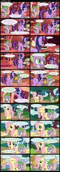 Size: 1000x2840 | Tagged: safe, artist:mixermike622, fluttershy, spike, twilight sparkle, g4, birthday, birthday gift, brownie, comic