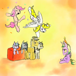 Size: 1024x1024 | Tagged: safe, artist:laarka, cloudy quartz, igneous rock pie, limestone pie, marble pie, pinkie pie, surprise, oc, g1, g4, g1 to g4, generation leap, pie family, ship:quartzrock, sisters