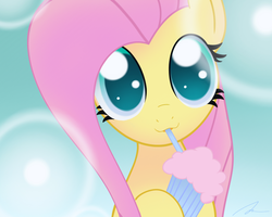 Size: 1720x1379 | Tagged: safe, artist:twintailsinc, edit, fluttershy, pegasus, pony, g4, 2012, cropped, cute, drink, drinking straw, female, looking at you, mare, milkshake, old art, shyabetes, solo