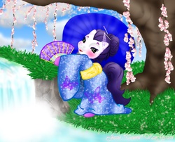 Size: 940x760 | Tagged: safe, artist:jessiefox, kimono, earth pony, pony, g3, 2006, fan, female, geisha, kimono (clothing), mare, namesake, paper fan, solo, water, waterfall