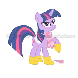 Size: 4000x4000 | Tagged: safe, artist:koizumi-rika, twilight sparkle, g4, boots, clothes, glare, looking at you, obtrusive watermark, open mouth, raised hoof, saddle, scarf, simple background, smiling, smirk, transparent background, vector, watermark